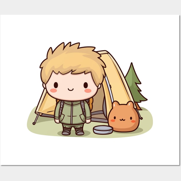 Kawaii camper boy with a tent and his cute friend Wall Art by Mon Kawaii Lab